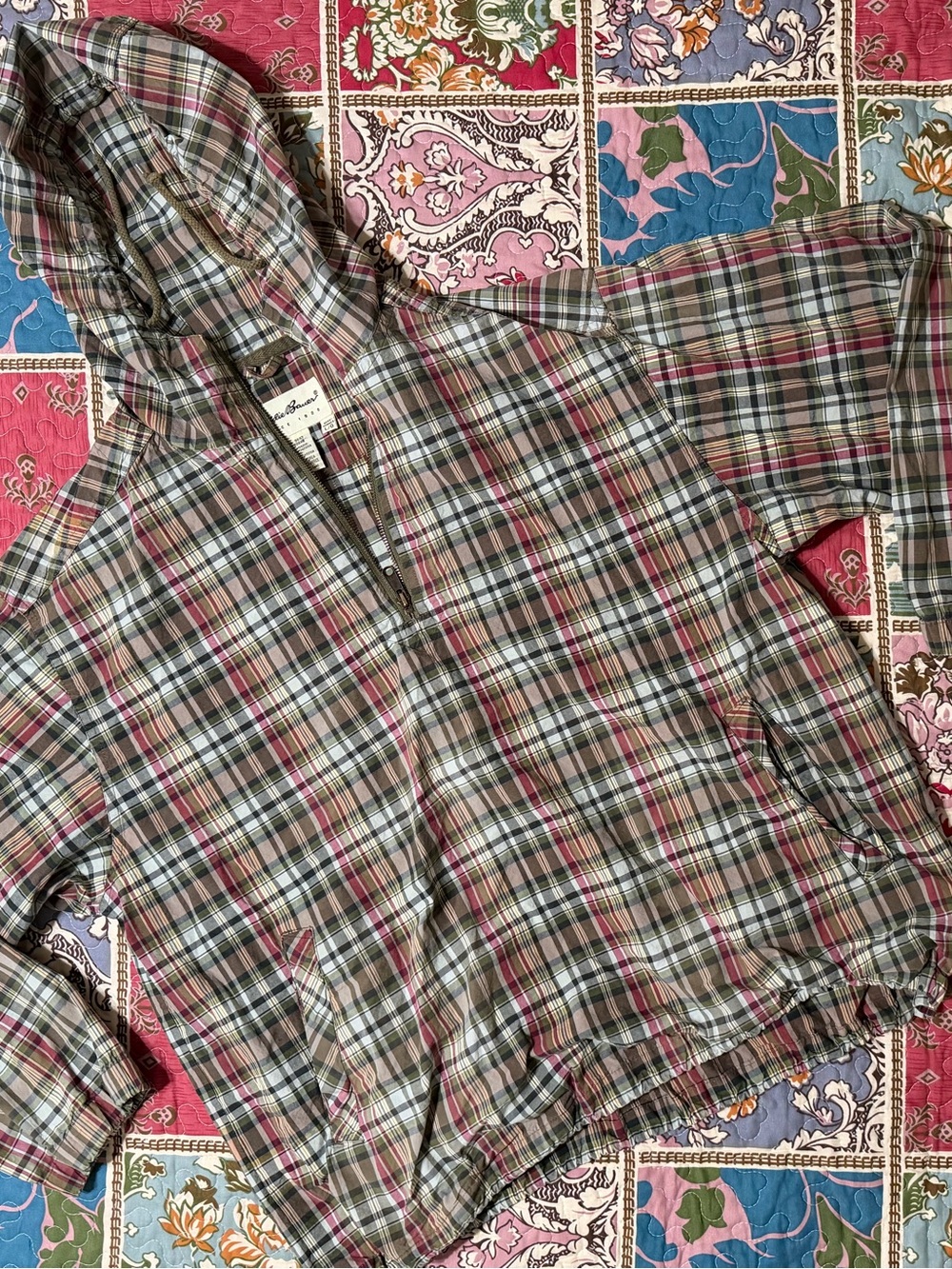 Vintage Eddie Bauer Plaid Half Zip Hooded Anorak Pullover Men's L gorpcore